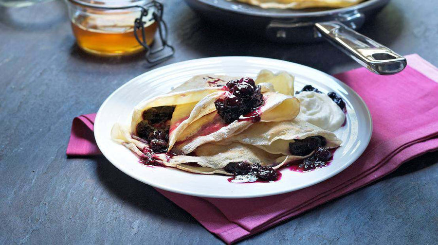 Blueberry Sauce Crepes With Honey & Whipped Cream