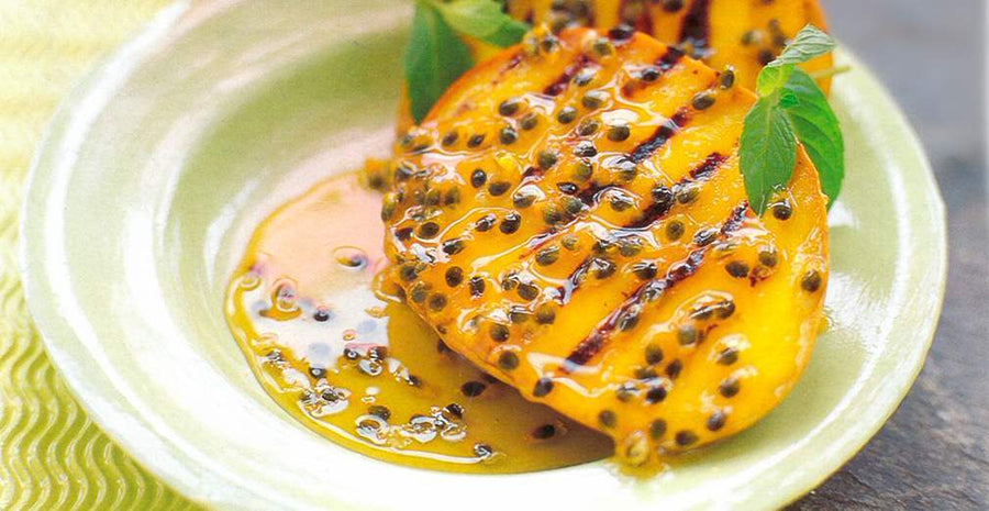 Griddled Mango with Dark Rum and Passionfruit Sauce