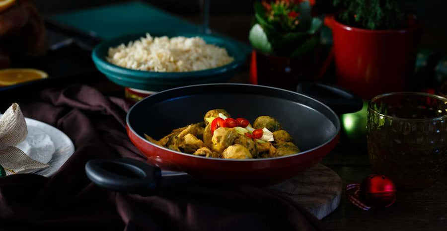 leftover christmas turkey curry with sprouts in a prestige kadai