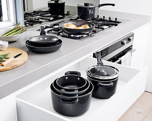 Prestige's nesting non stick cookware features the ultimate in stackable pans, in both aluminium and stainless steel. A true space saving kitchen hack!