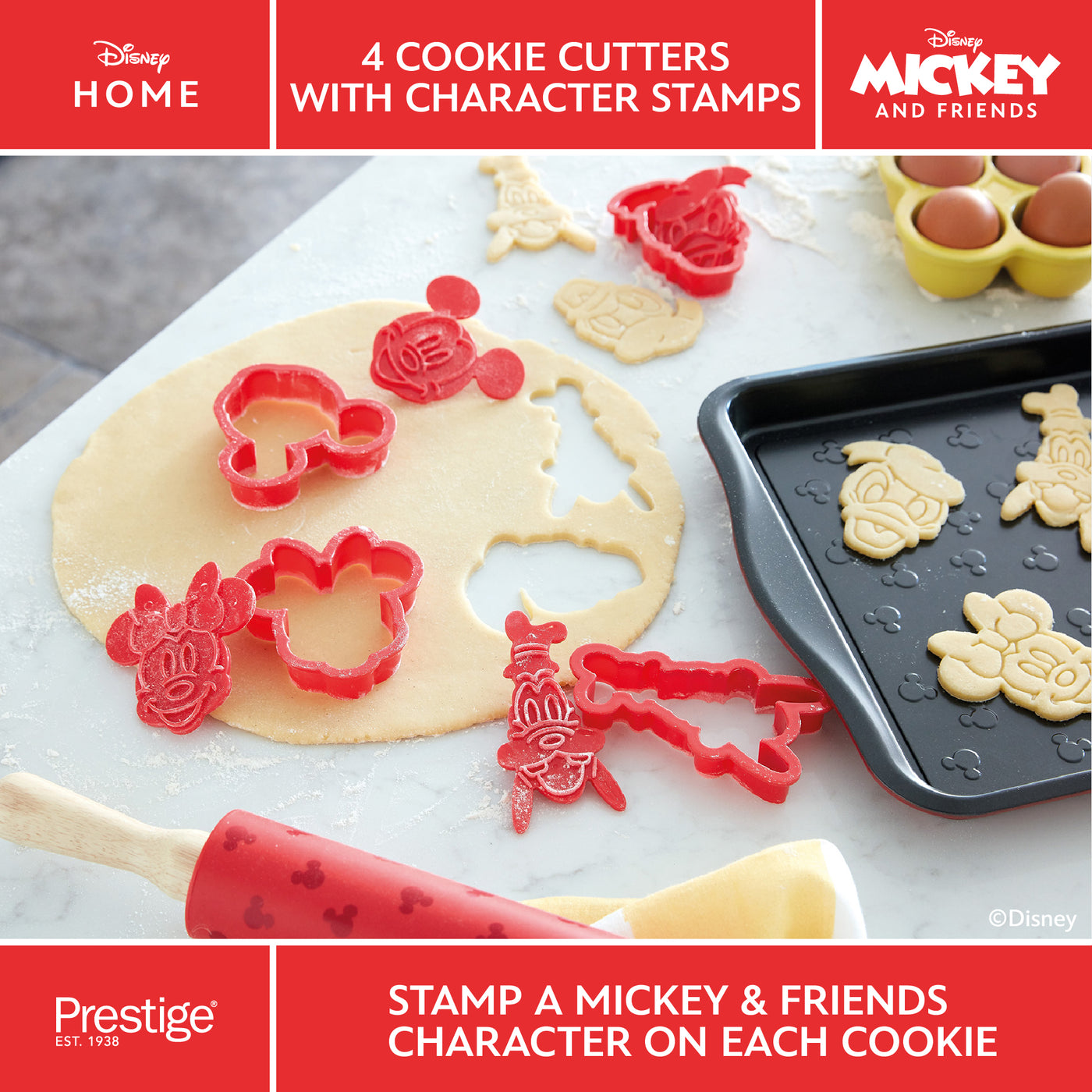 Disney Bake with Mickey 4 Red Cookie Cutters with Mickey and Friends Character Stamps