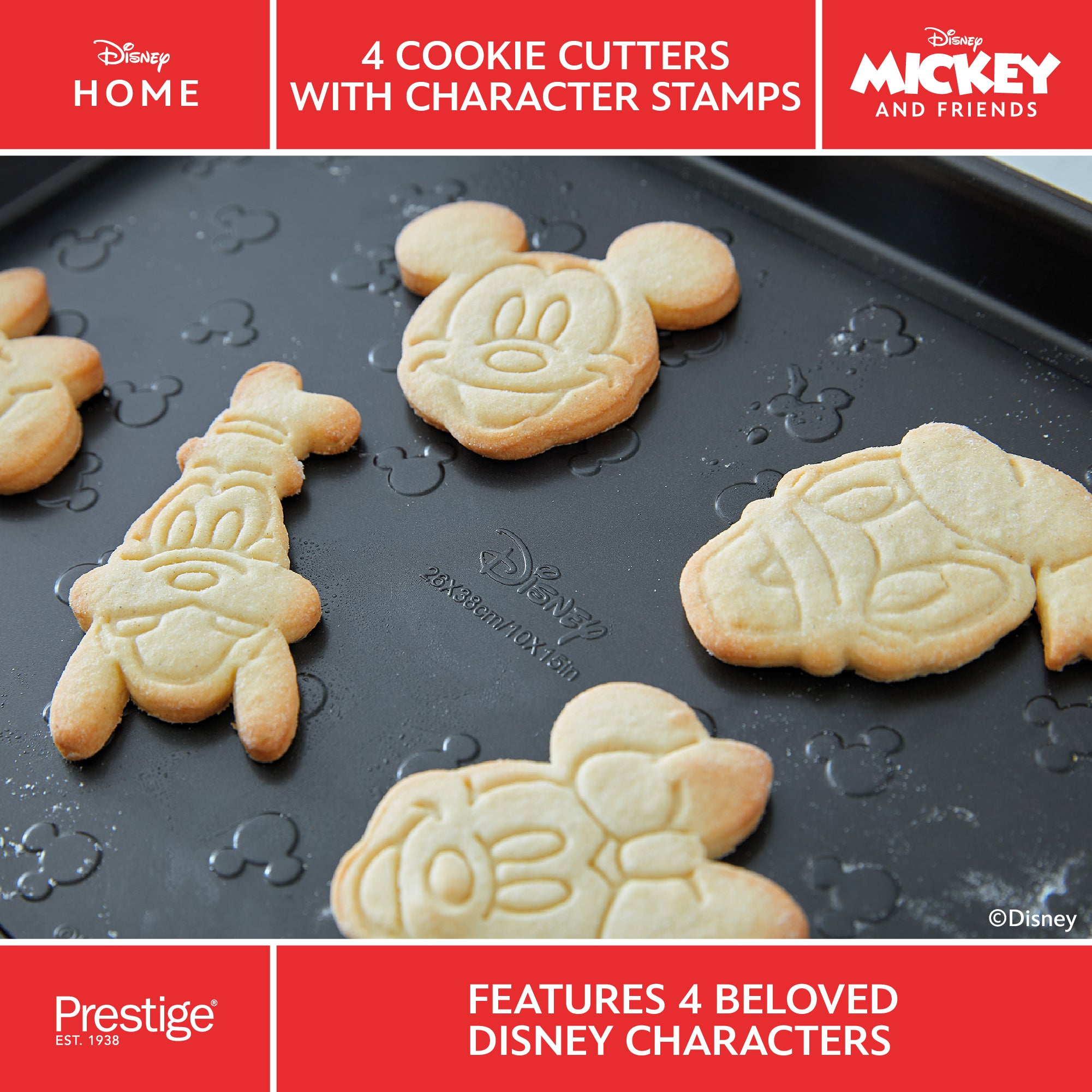 Disney Bake with Mickey 4 Red Cookie Cutters with Mickey and Friends Character Stamps