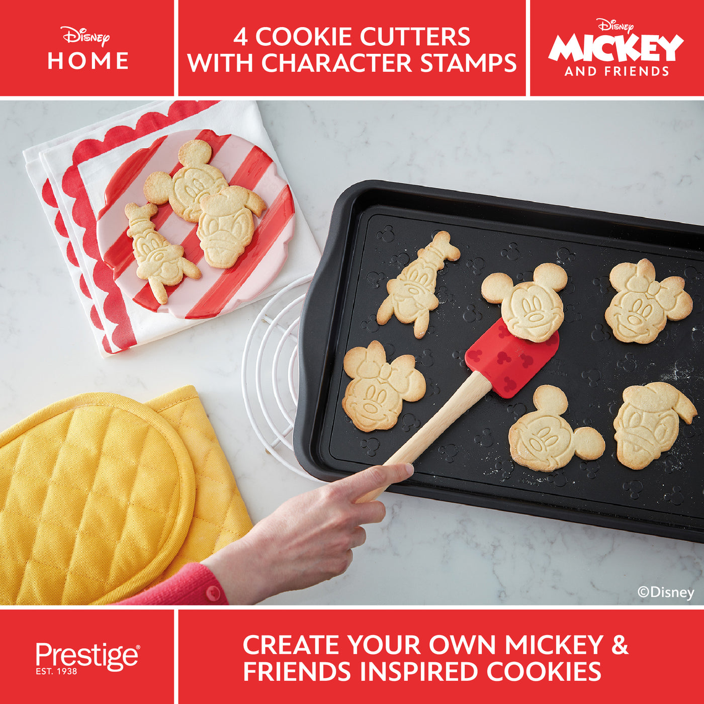 Disney Bake with Mickey 4 Red Cookie Cutters with Mickey and Friends Character Stamps