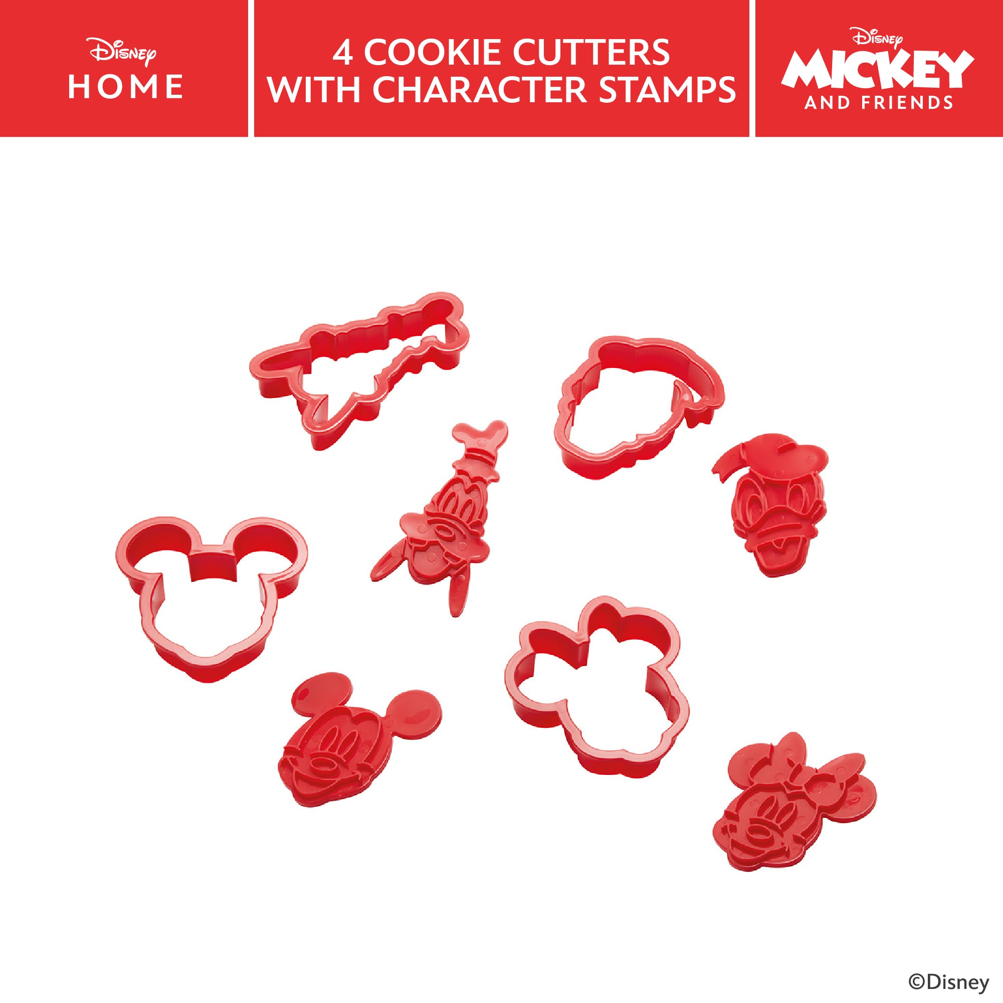 Disney Bake with Mickey 4 Red Cookie Cutters with Mickey and Friends Character Stamps