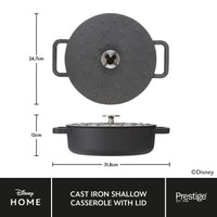 Disney Monochrome Mickey Mouse Cast Iron Shallow Casserole with Lid - 24cm