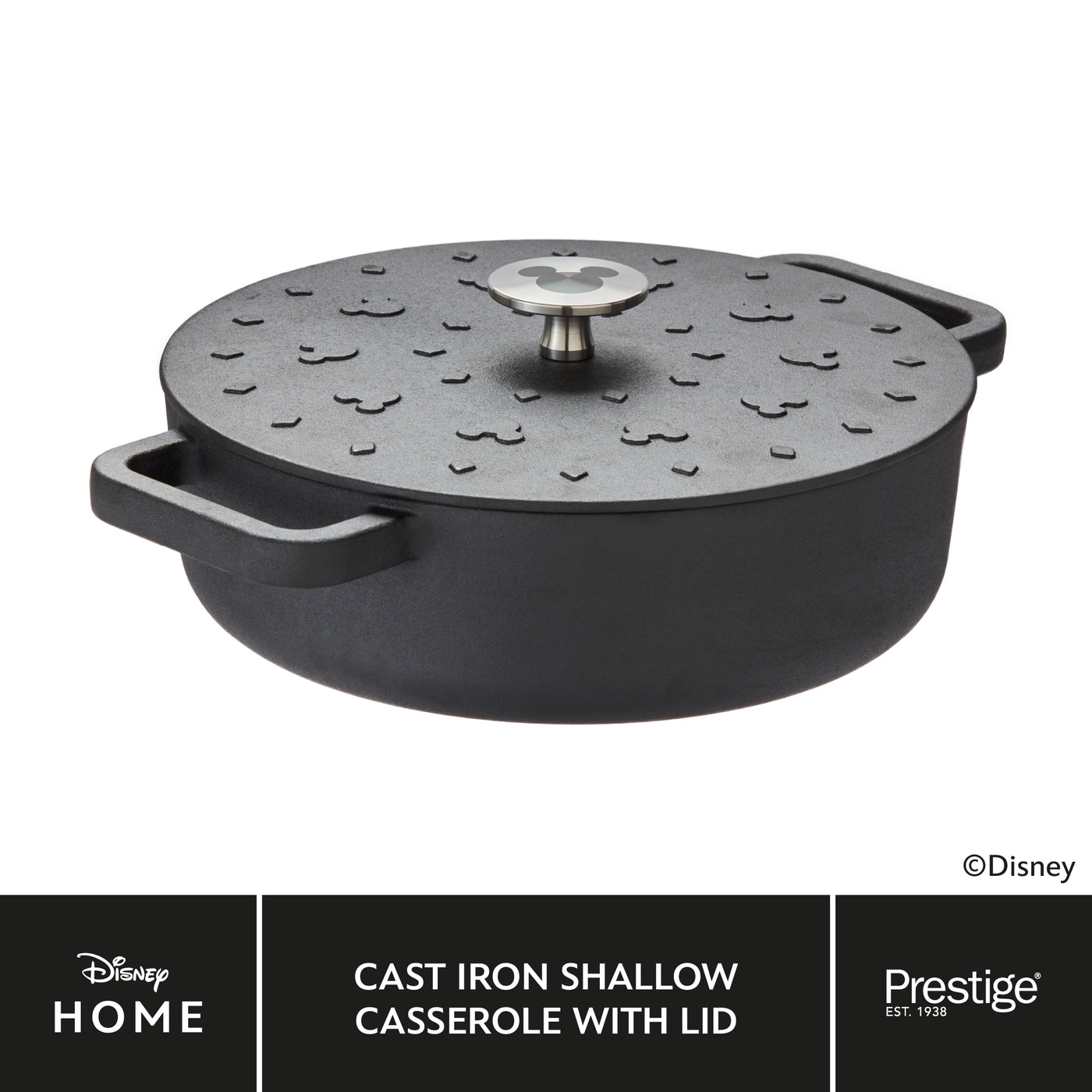 Disney Monochrome Mickey Mouse Cast Iron Shallow Casserole with Lid - 24cm