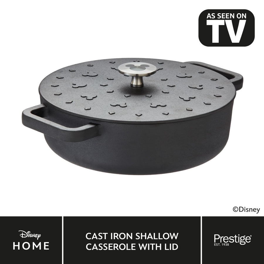 Disney Monochrome Mickey Mouse Cast Iron Shallow Casserole with Lid - 24cm