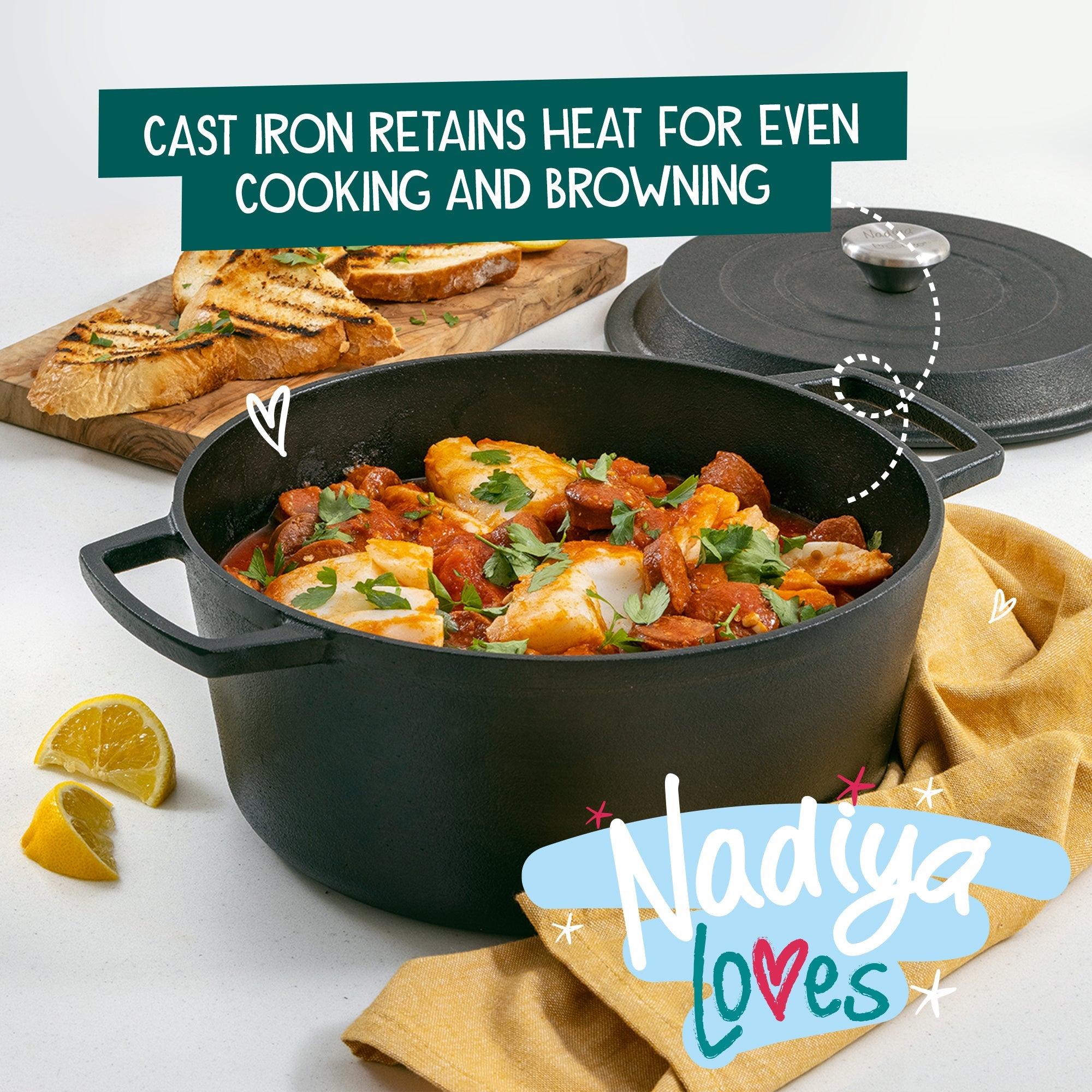 Nadiya Hussain Cast Iron Casserole Dish, Lid & Free Schwartz Punchy Bowl Spice Kit