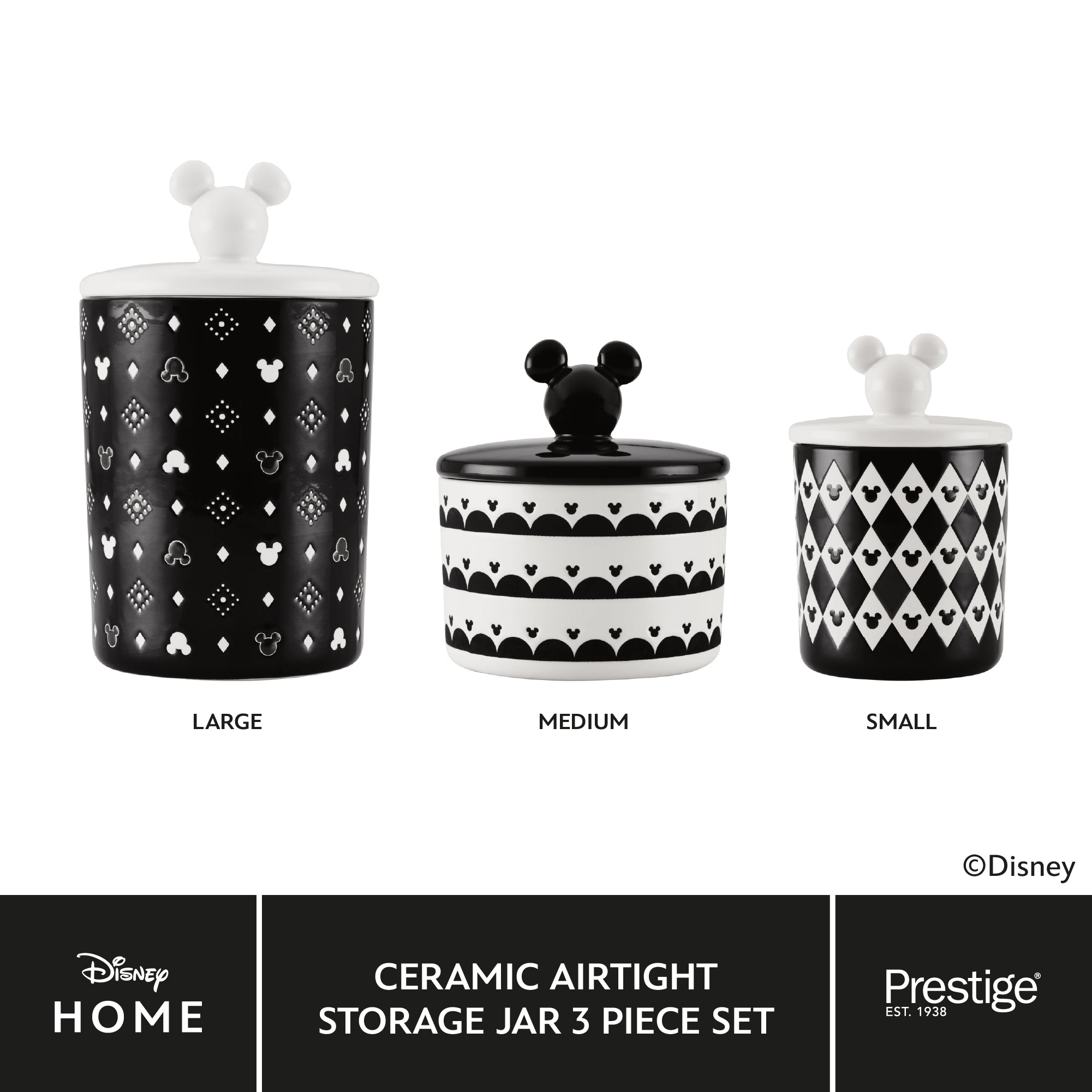 Disney Monochrome Mickey Mouse: Ceramic Airtight Storage Jars - 3 Piece Set