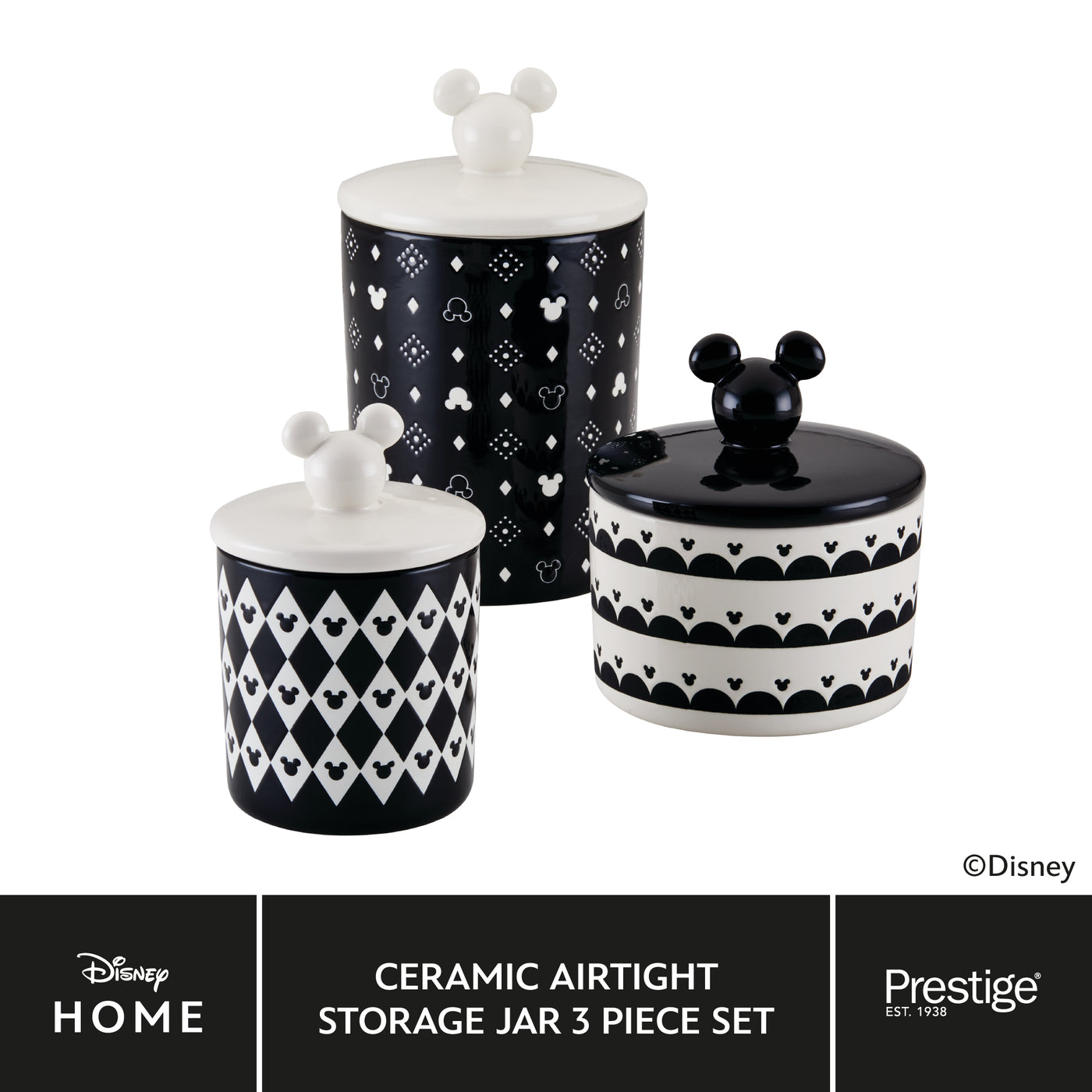 Disney Monochrome Mickey Mouse: Ceramic Airtight Storage Jars - 3 Piece Set