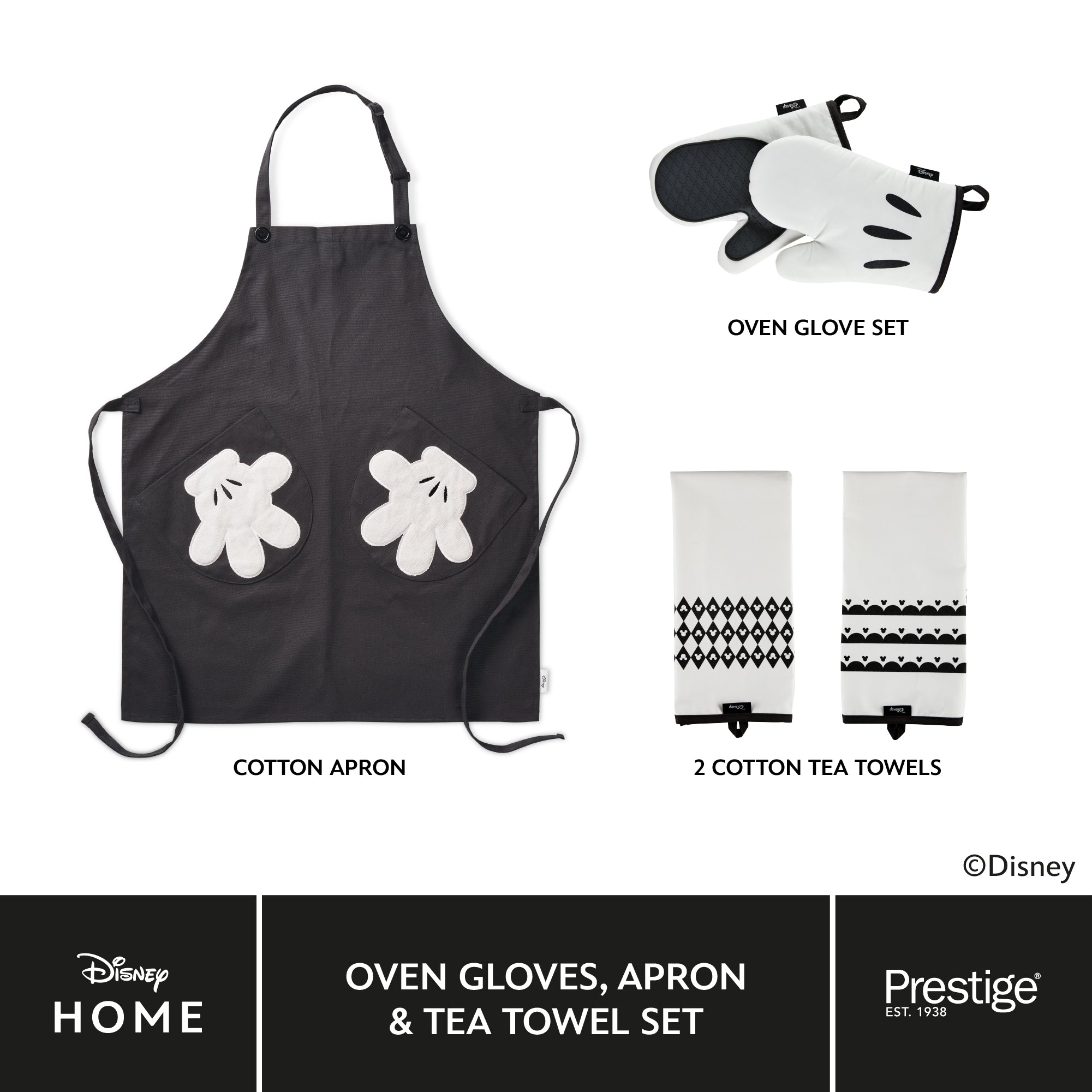 Disney Monochrome Mickey Mouse Accessories Set - White Oven Gloves, Apron & Tea Towel