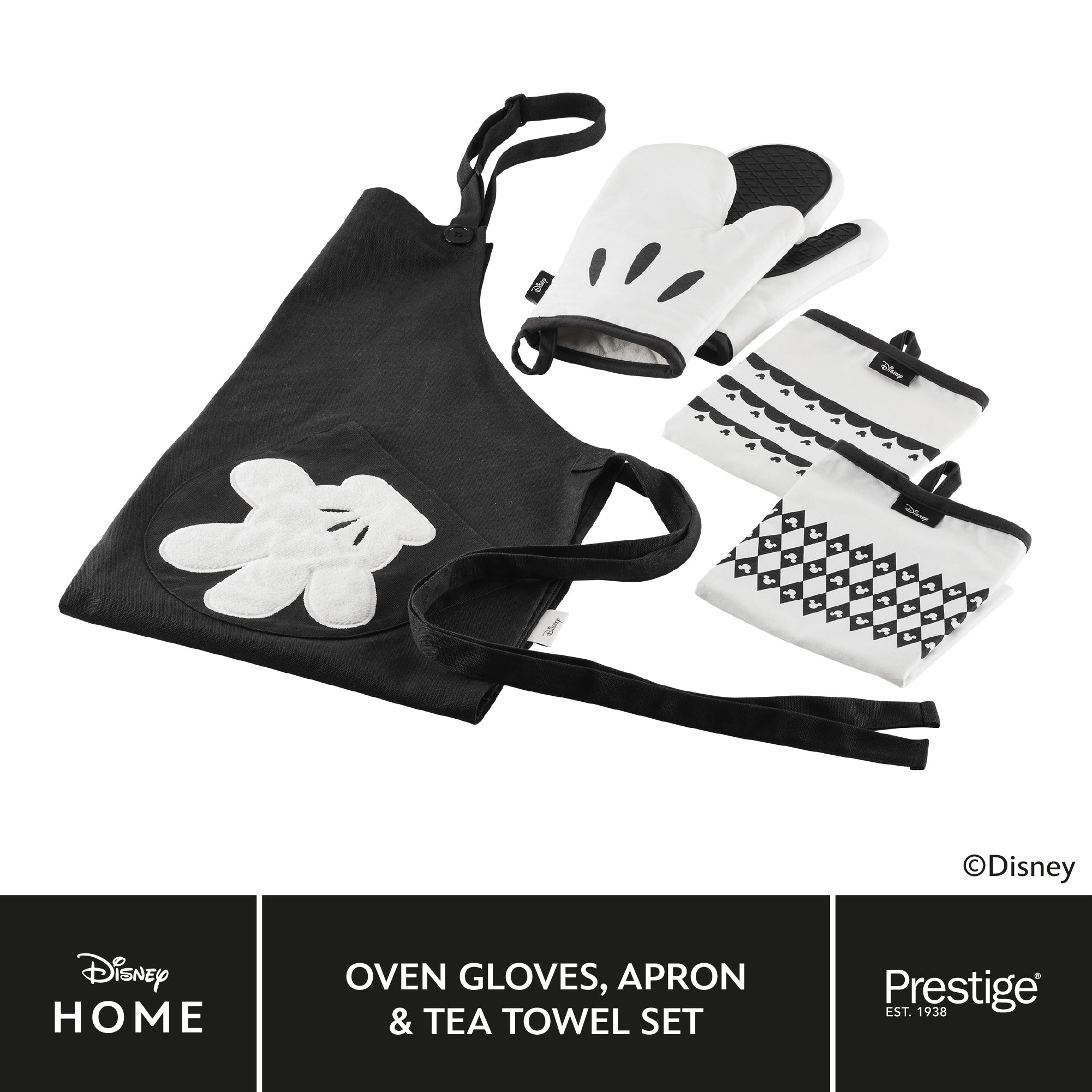 Disney Monochrome Mickey Mouse Accessories Set - White Oven Gloves, Apron & Tea Towel