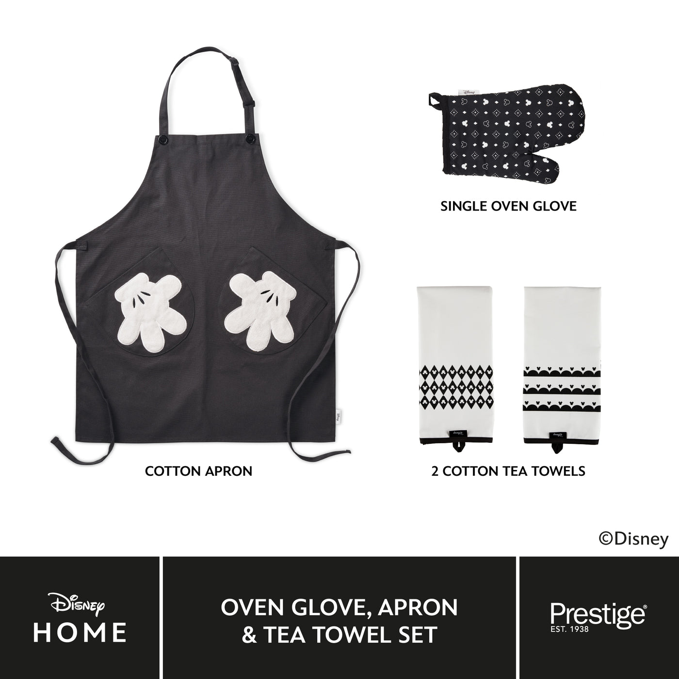 Disney Monochrome Mickey Mouse Accessories Set - Charcoal Oven Glove, Apron & Tea Towel