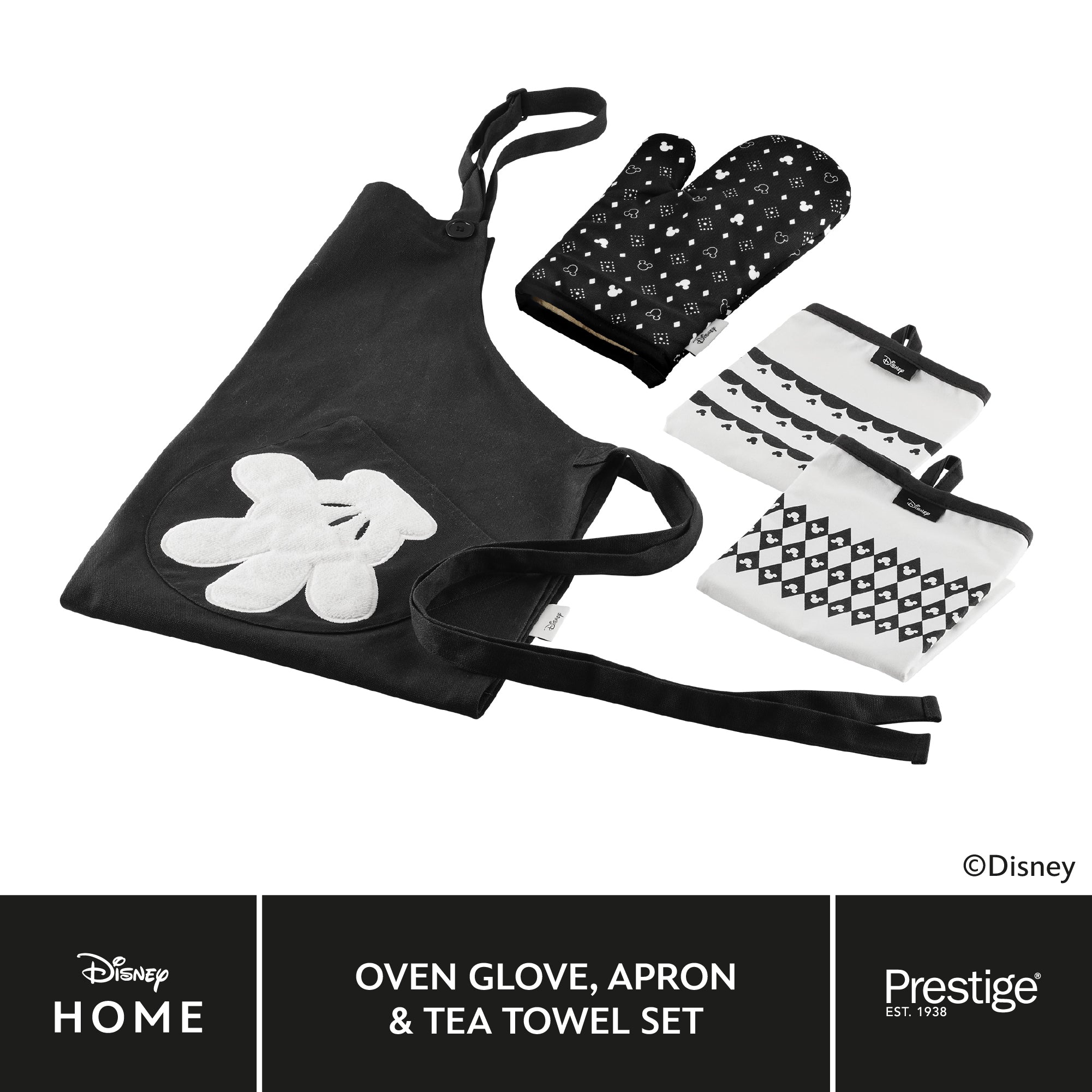 Disney Monochrome Mickey Mouse Accessories Set - Charcoal Oven Glove, Apron & Tea Towel