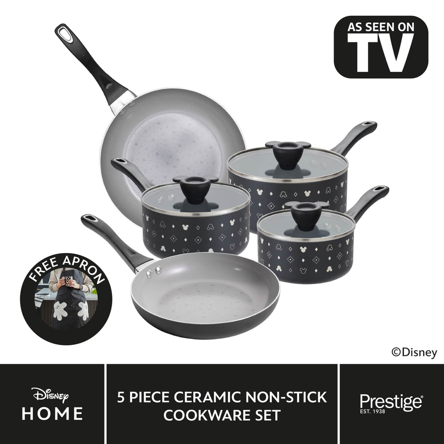 Disney Monochrome: Ceramic Non-Stick Pan Set - 5 Pieces & FREE Apron