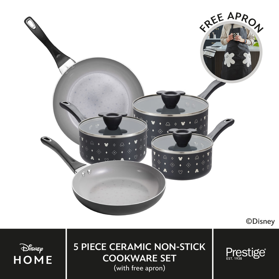 Disney Monochrome: Ceramic Non-Stick Pan Set - 5 Pieces & FREE Apron