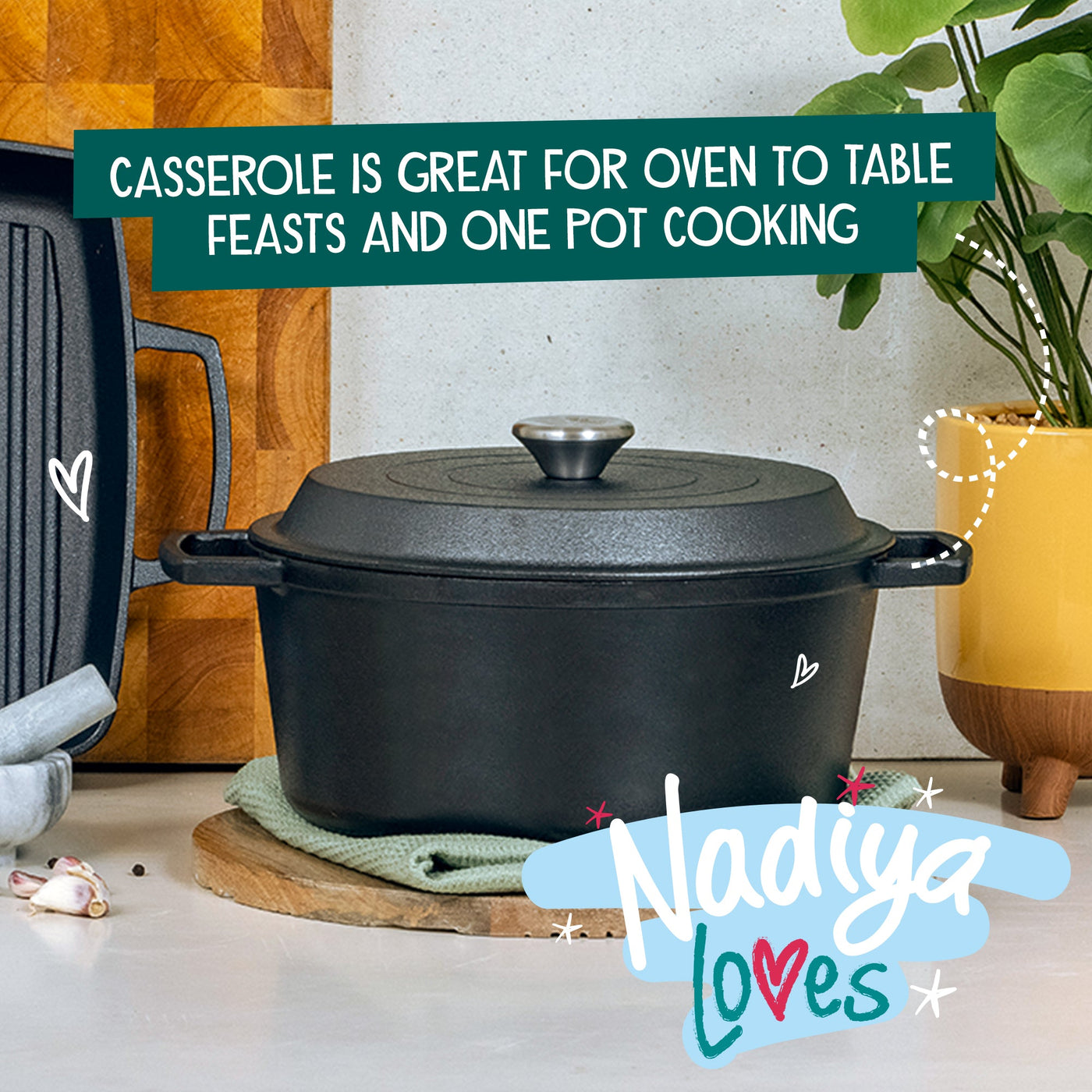 Nadiya Hussain Cast Iron Casserole Dish, Lid & Free Schwartz Punchy Bowl Spice Kit