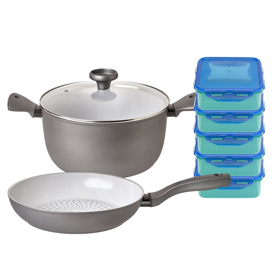 Earth Pan Batch Cooking 7 Piece Set: Frying Pan, Stockpot & Meal Prep Containers