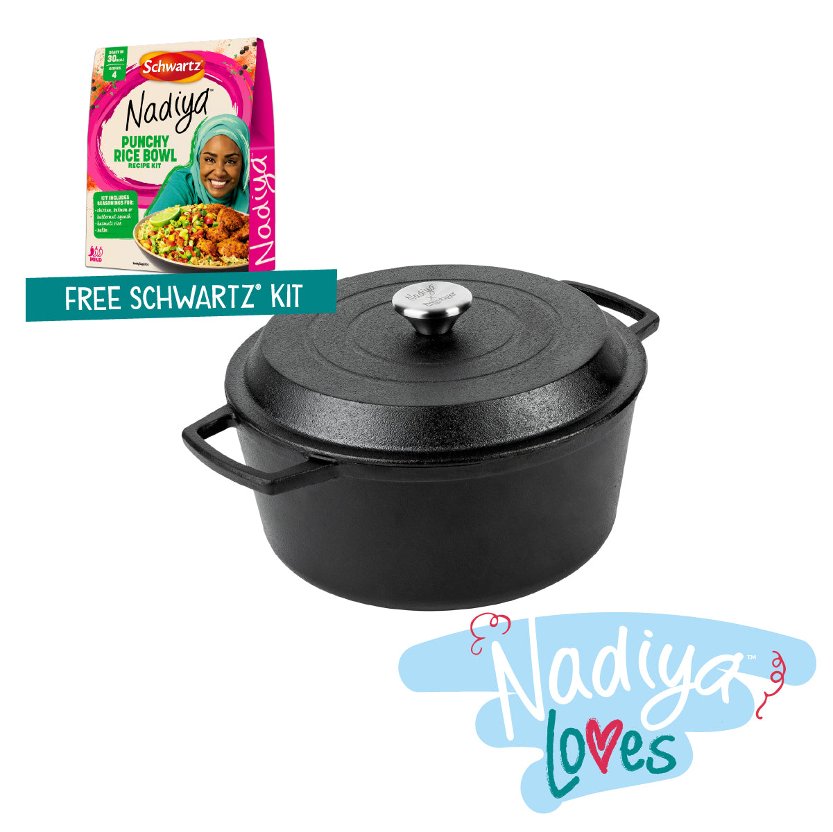 Nadiya Hussain Cast Iron Casserole Dish, Lid & Free Schwartz Punchy Bowl Spice Kit