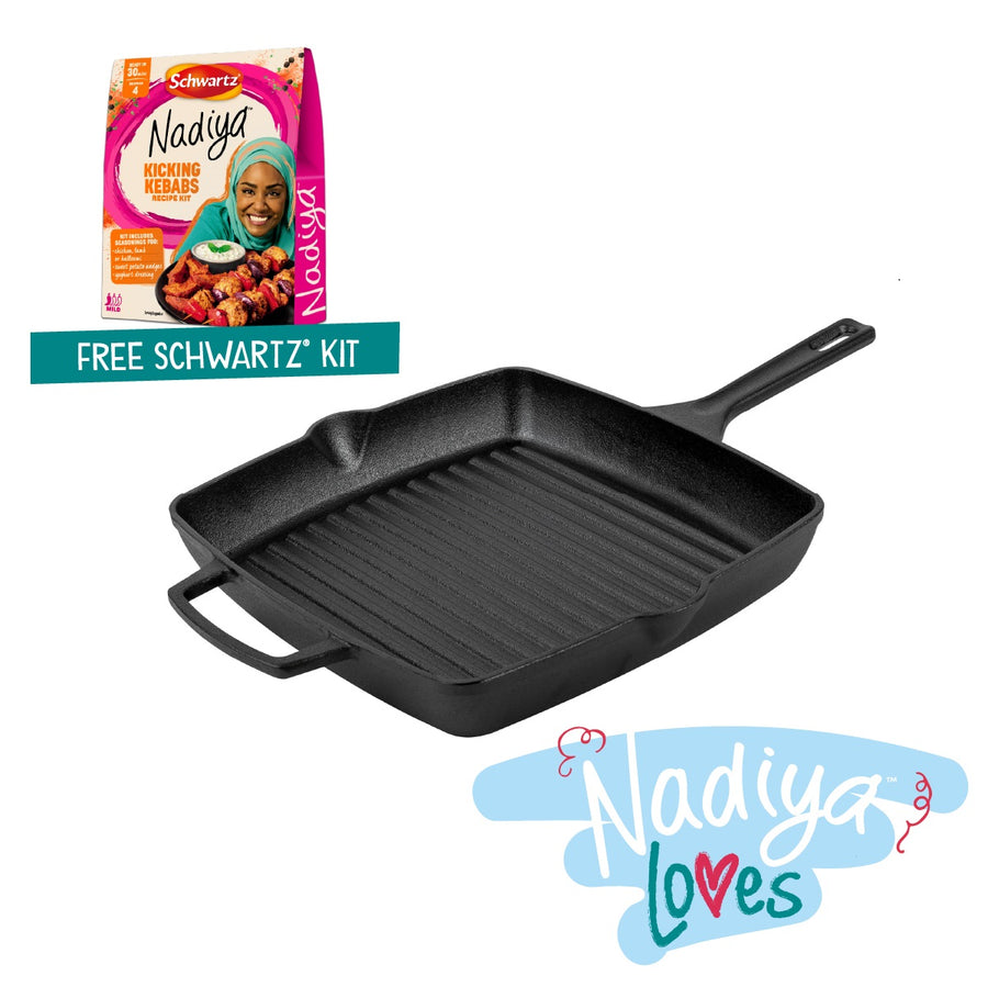 Nadiya Hussain Cast Iron Square Grill Pan & Free Schwartz Kicking Kebabs Spice Kit