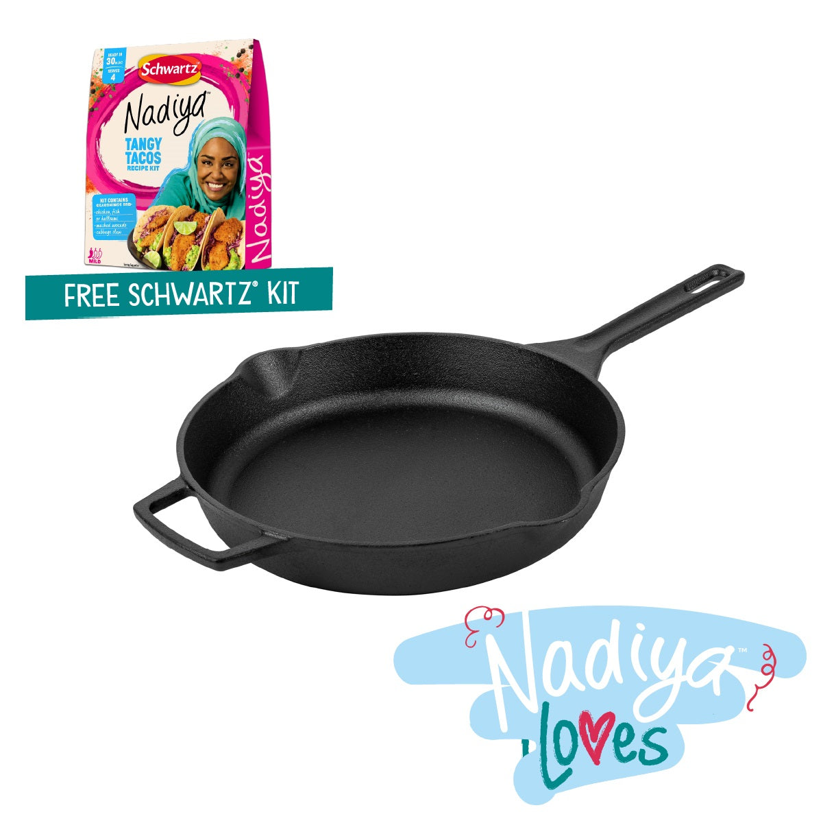 Nadiya Hussain Cast Iron Skillet Pan - 25cm & Free Schwartz Tangy Tacos Spice Kit