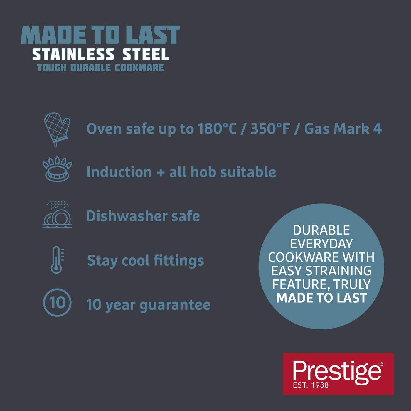 Text reads: oven safe up to 180c. Induction & all hob suitable. Dishwasher safe. Stay cool fittings. 10 year guarantee.