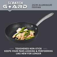 This frying pan set contains a 21cm and 25cm frying pan, with toughened non stick. No more flaking, scratched frying pans!