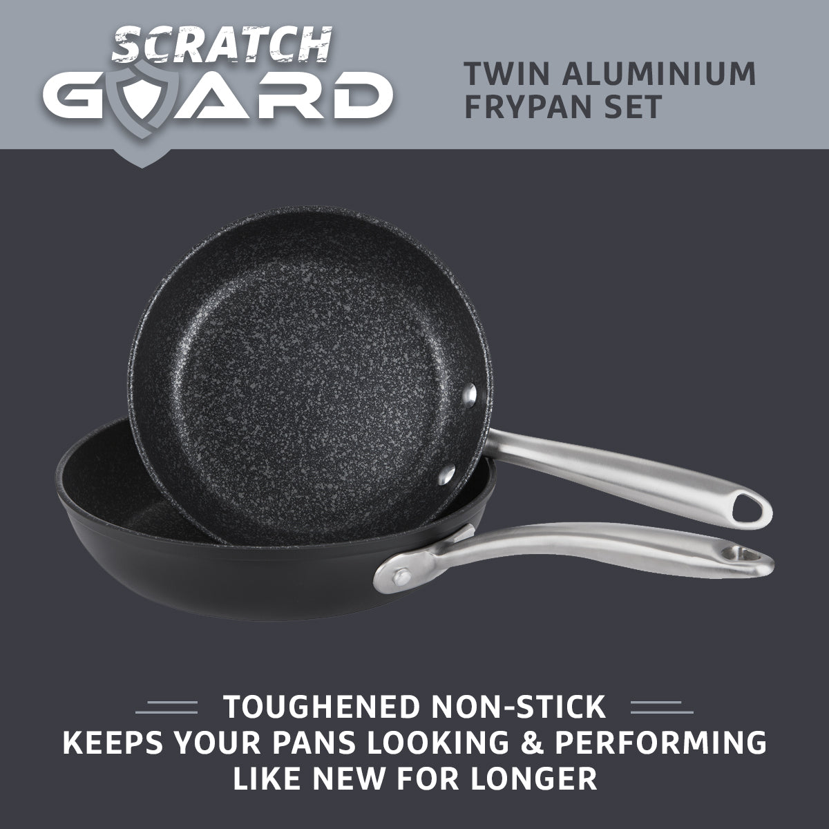 Long lasting frying pan set features toughened non stick to keep your pans looking & performing like new for longer