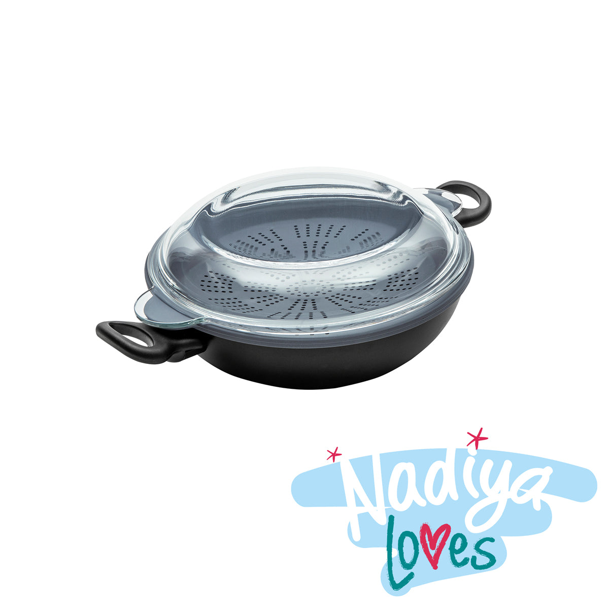 Nadiya Hussain 4 in 1 Non-Stick Wok, Steamer & Multi-Use Glass Lid - Set