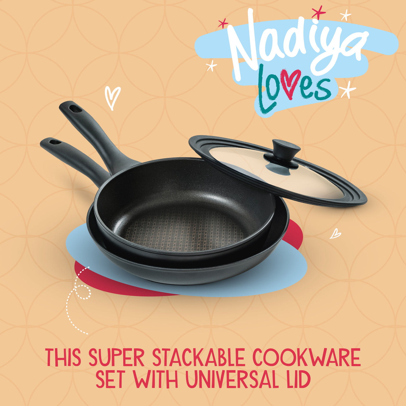 Nadiya Hussain Stackable Non-Stick Frying Pan Set & Multi-Size Lid