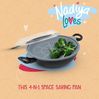 Nadiya Hussain 4 in 1 Non-Stick Wok, Steamer & Multi-Use Glass Lid - Set