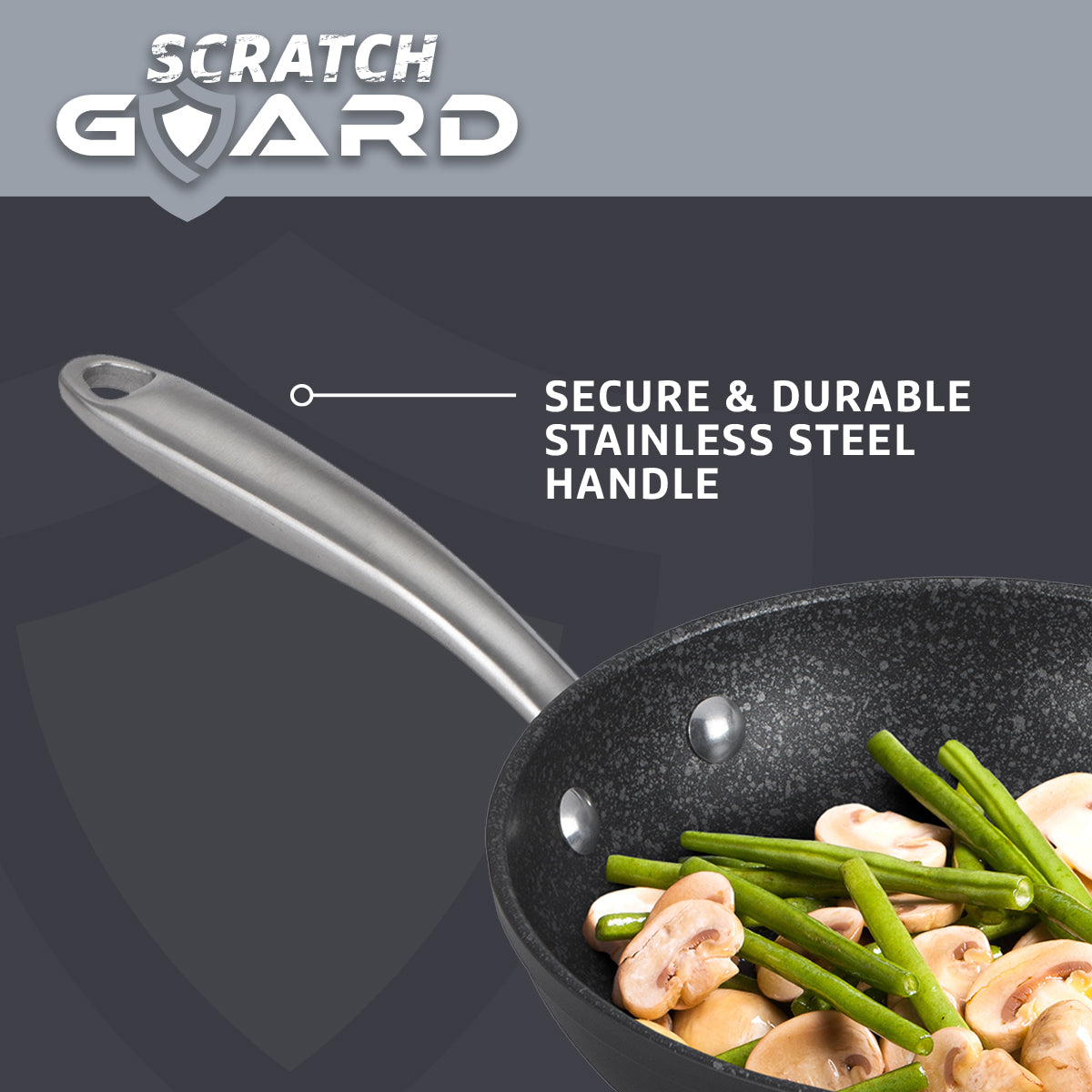 Secure & durable stainless steel handles on this non stick frying pan set make lifting food from hob to oven a breeze.