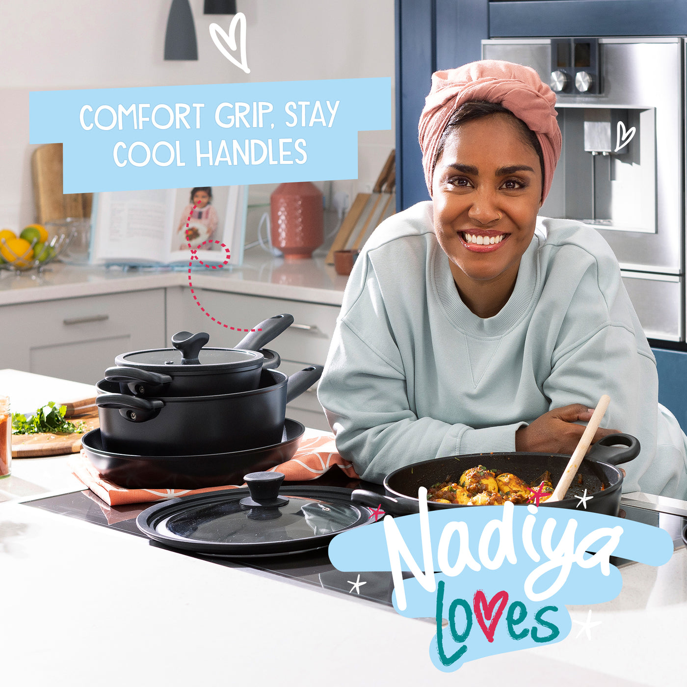 Nadiya Hussain Stackable Non-Stick Frying Pan Set & Multi-Size Lid