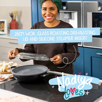 Nadiya Hussain 4 in 1 Non-Stick Wok, Steamer & Multi-Use Glass Lid - Set