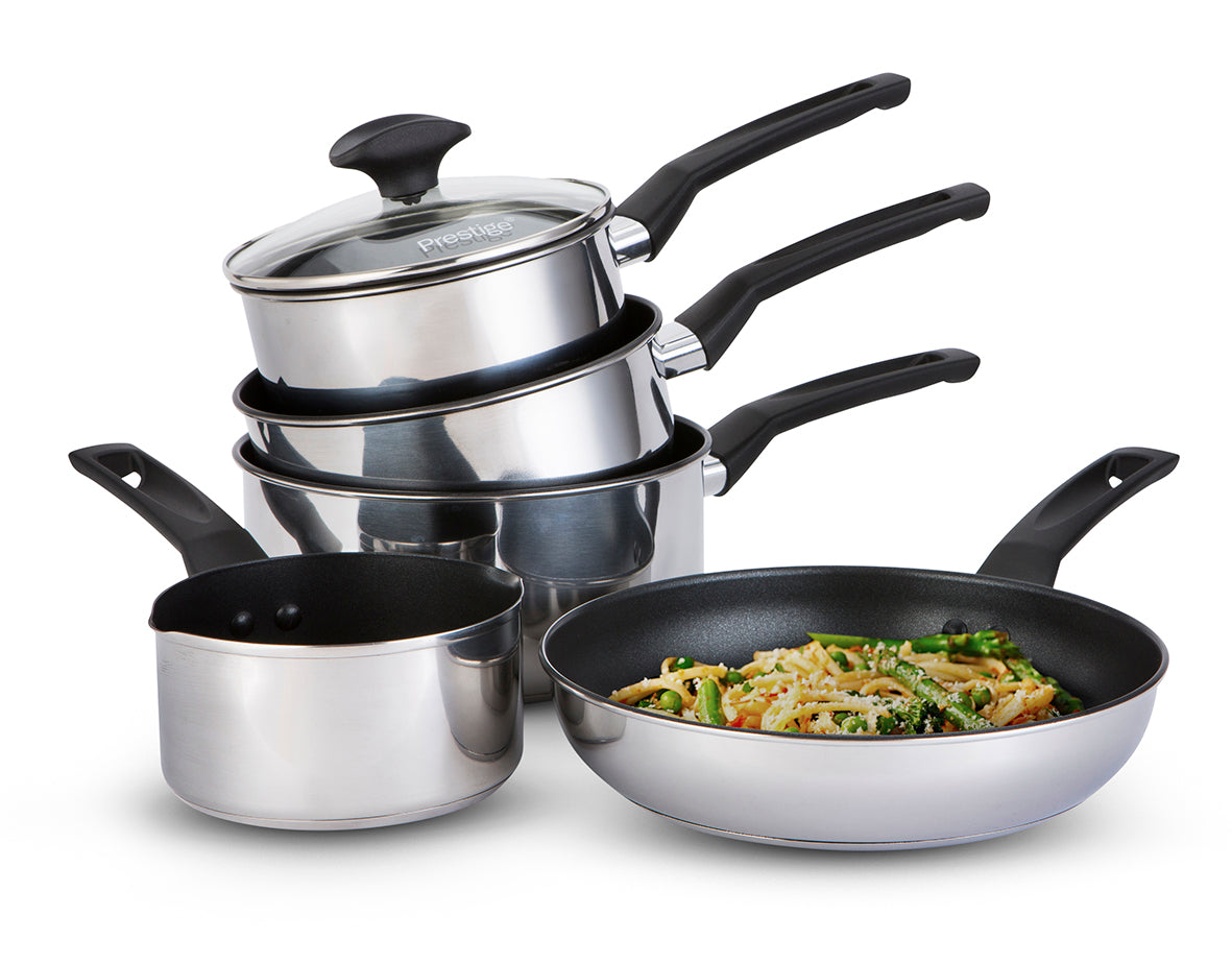 9 X Tougher: Non-Stick Stainless Steel Saucepans & Lid, Frying Pan, Milk Pan Set - 5 Pieces