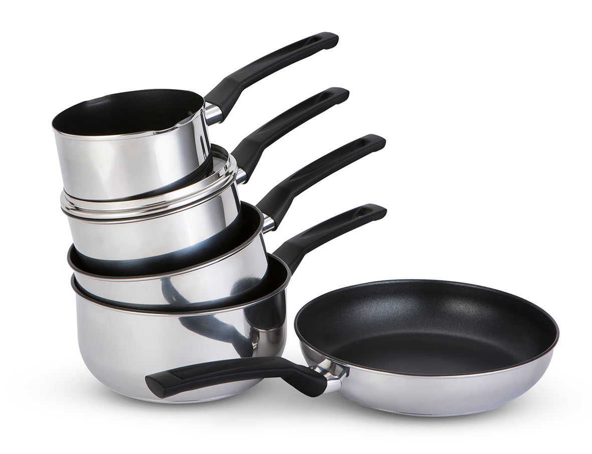 9 X Tougher: Non-Stick Stainless Steel Saucepans & Lid, Frying Pan, Milk Pan Set - 5 Pieces