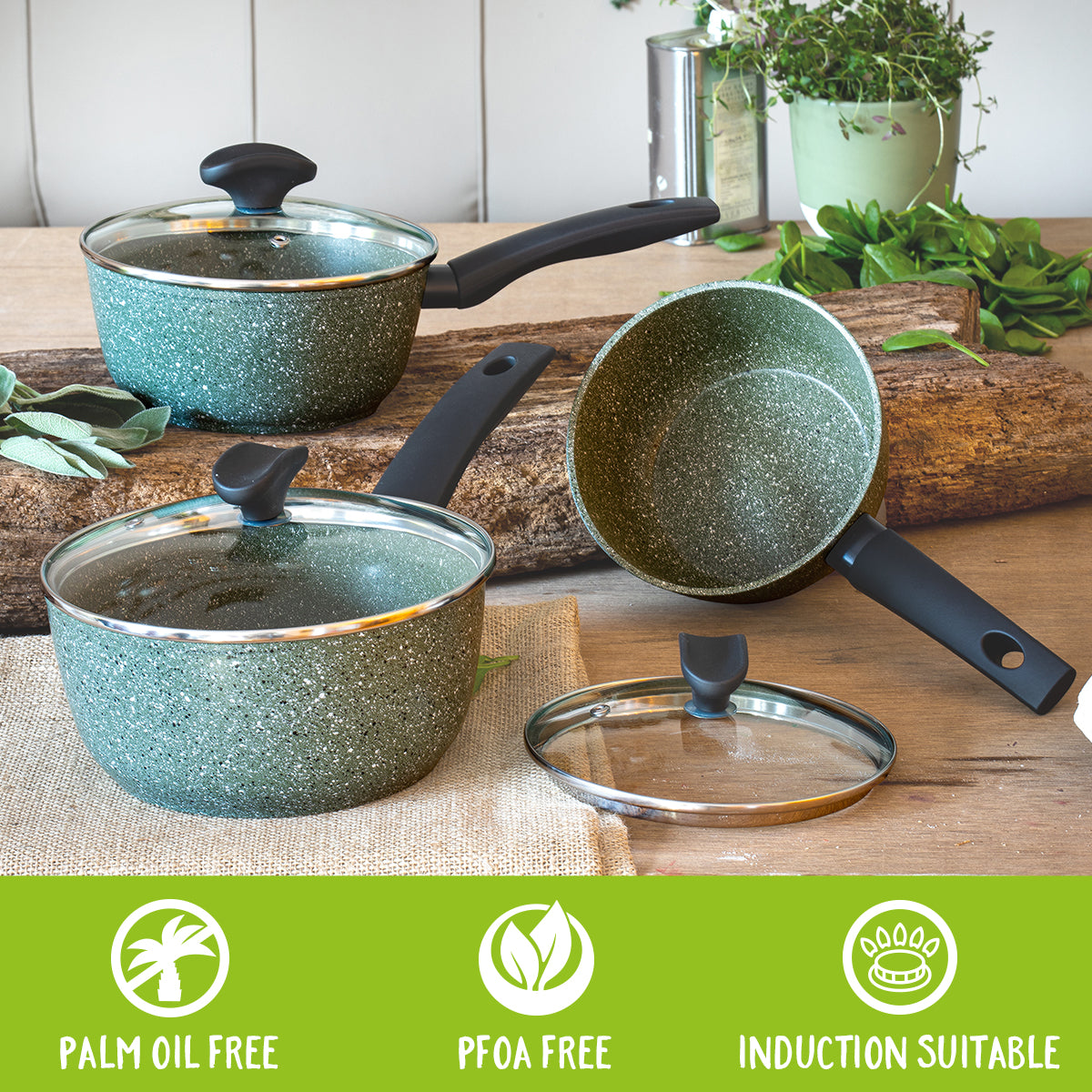 Prestige Saucepan & Frying Pan Set, palm oil and PFOA free, shown on oak table