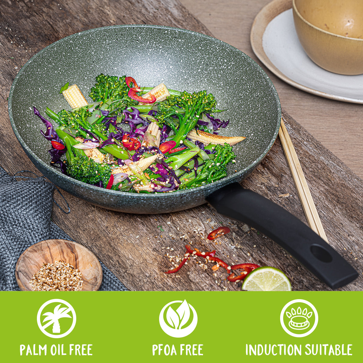 Prestige Eco wok for induction hob is PFOA free, palm oil free & scratch resistant