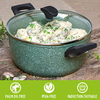 Prestige Eco non stick stock pot is PFOA free, palm oil free, induction suitable & oven proof