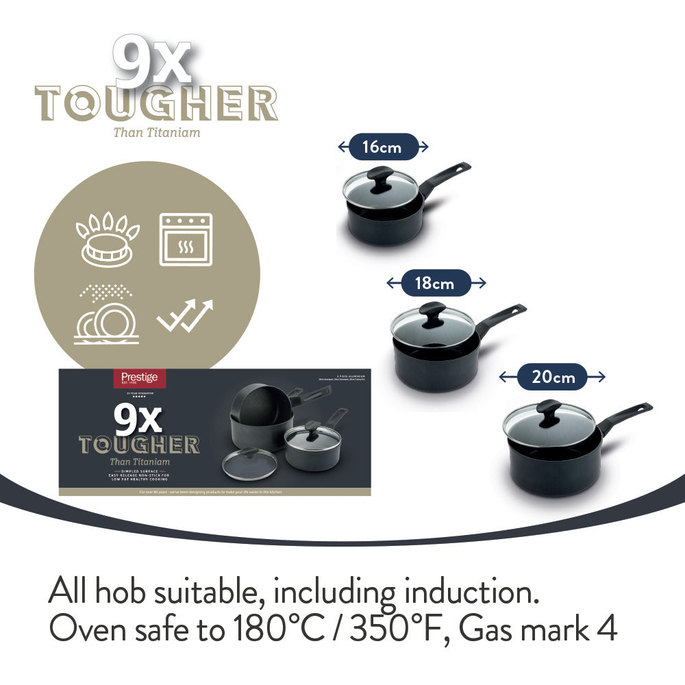 9 X Tougher Non-Stick Saucepan Set - 3 Pieces