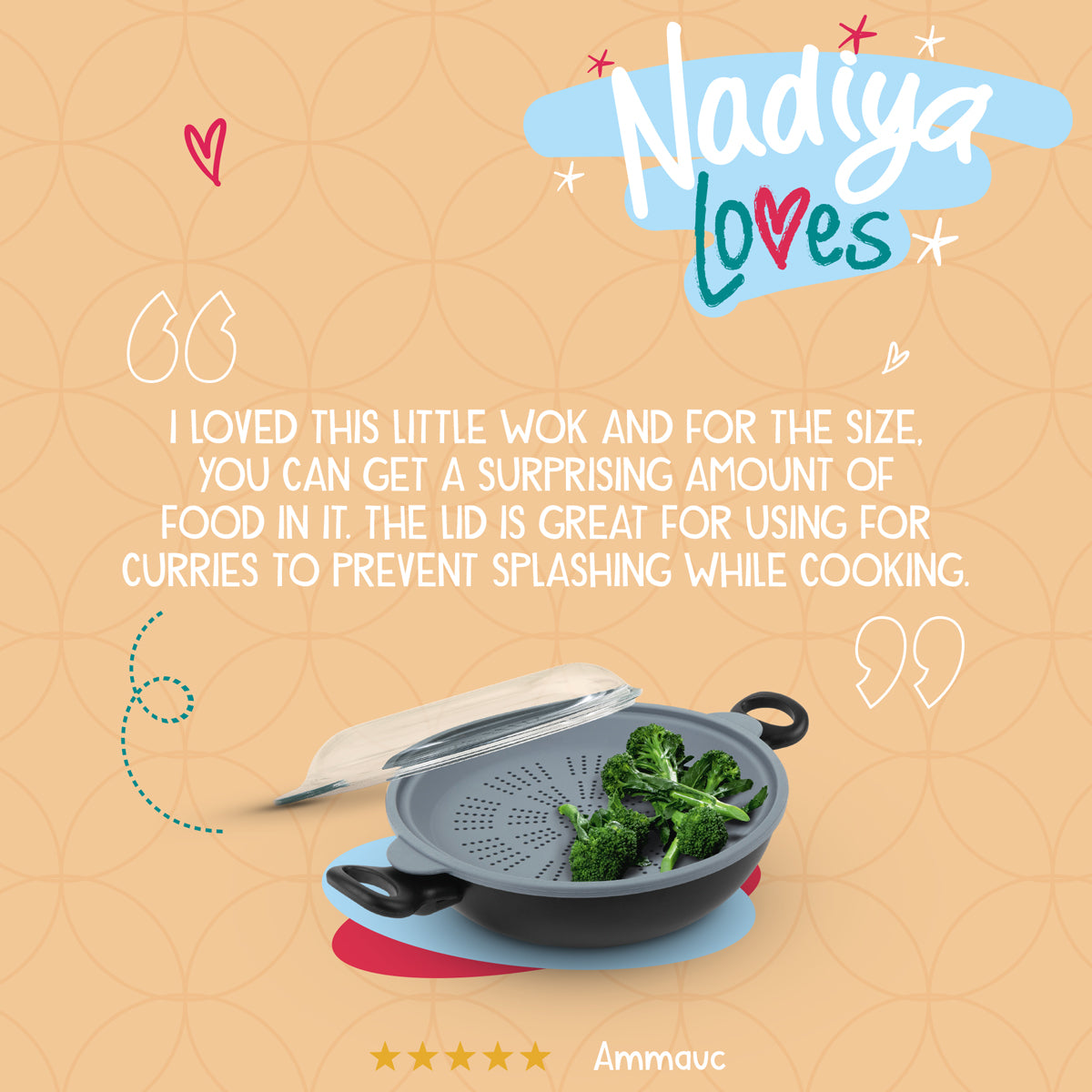 Nadiya Hussain 4 in 1 Non-Stick Wok, Steamer & Multi-Use Glass Lid - Set