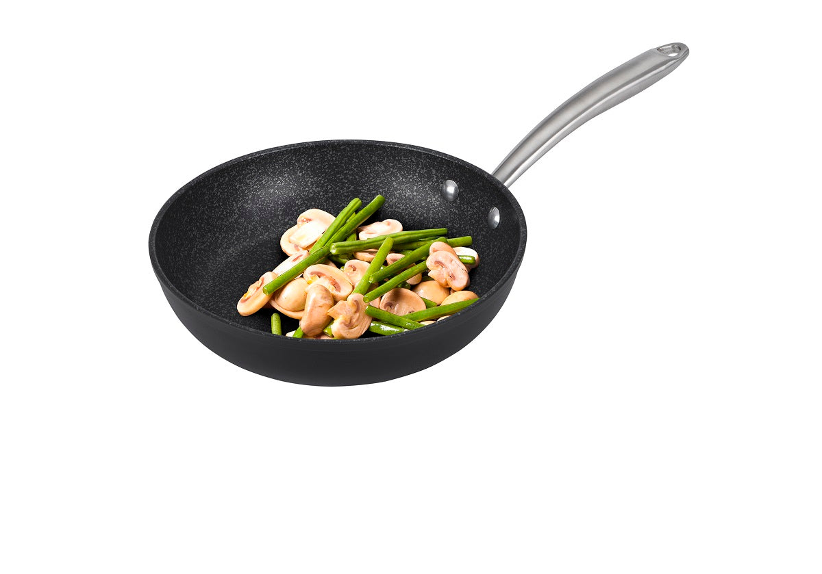 The matte black hybrid ceramic non stick frying pan exterior is combined with stone effect triple layer non stick coating interior, for fuss free cooking and easy clean up