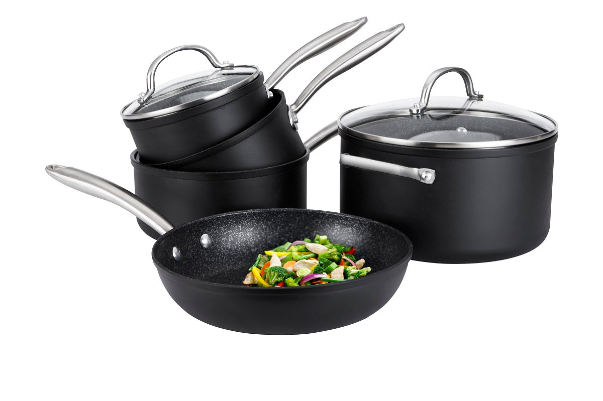 Scratch Guard non-stick 5 piece pan set from Prestige, includes 16cm, 18cm & 20cm saucepans with lids, 24cm stockpot and 25cm frying pan