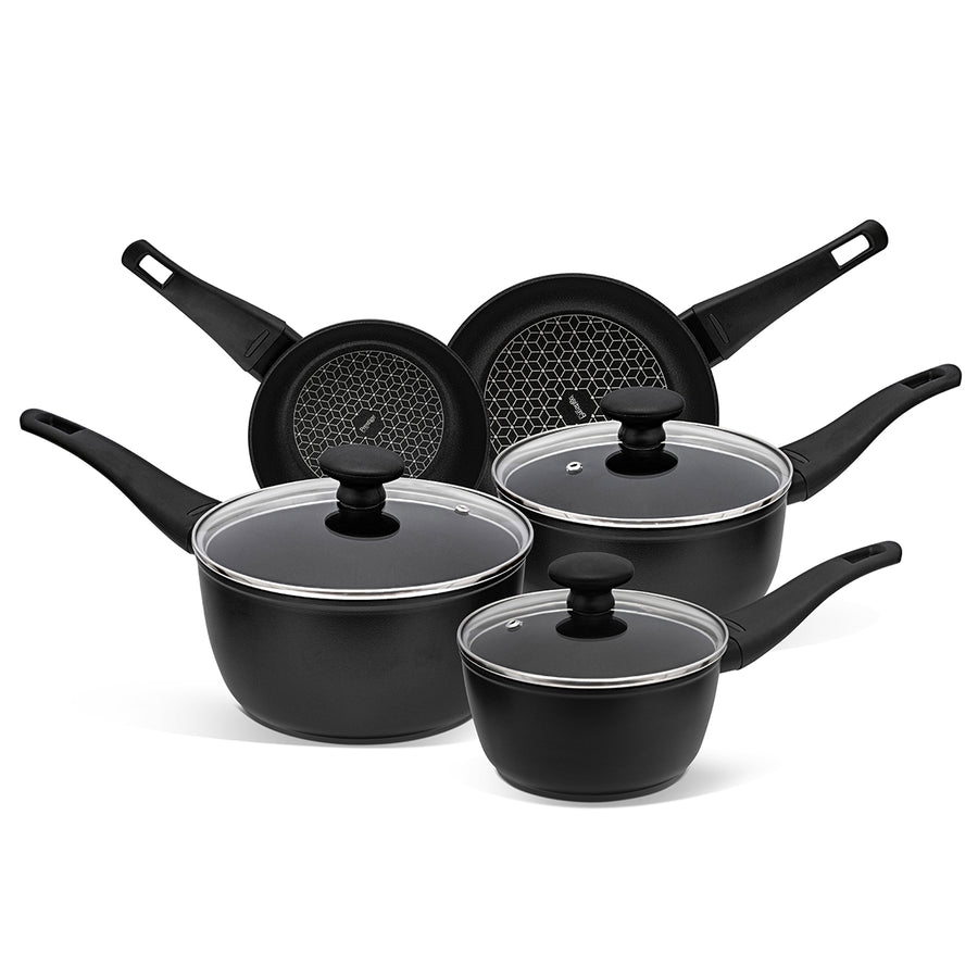 Prestige Thermo Smart 5 Piece Non Stick Saucepan Set. Heat indicator on handles turn green when ready to cook.