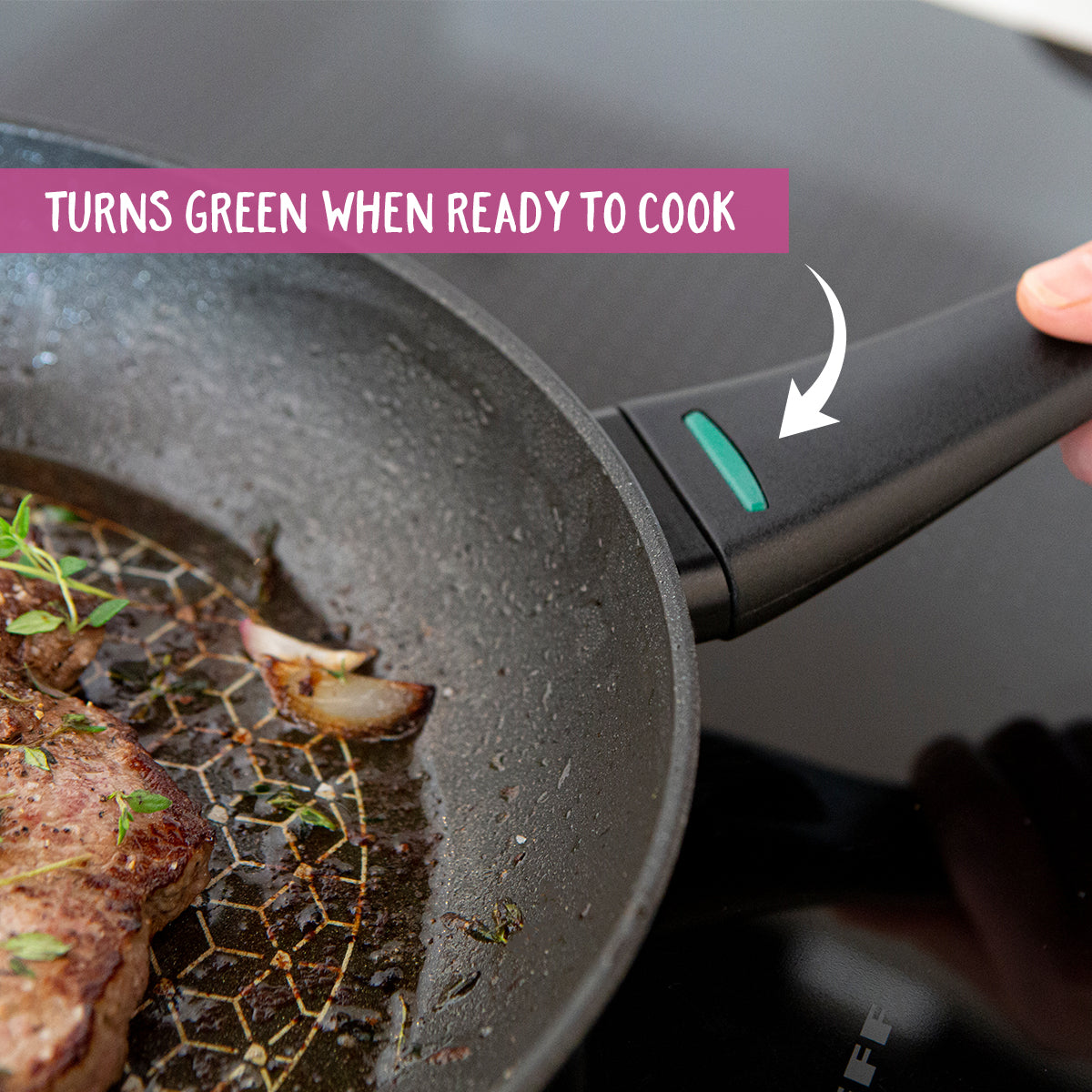 The clever indicator on this non stick induction frying pan turns green when its hot enough to cook. Thermo Smart. Only from Prestige